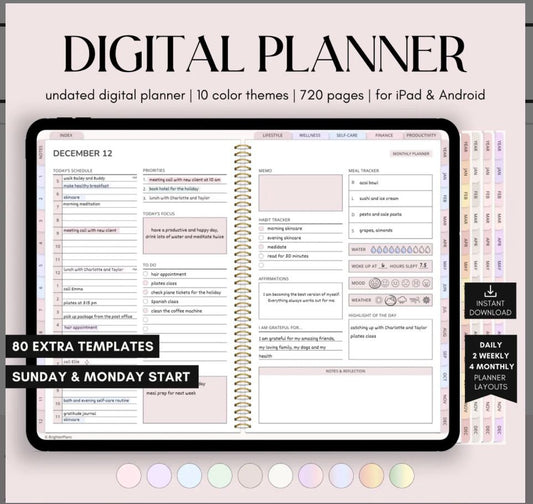 All-in-One Digital Planner Undated, iPad & Android Planner, Digital Calendar, GoodNotes Template, Daily Weekly Monthly Journal for 2025 2026