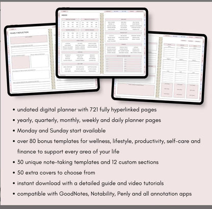 All-in-One Digital Planner Undated, iPad & Android Planner, Digital Calendar, GoodNotes Template, Daily Weekly Monthly Journal for 2025 2026